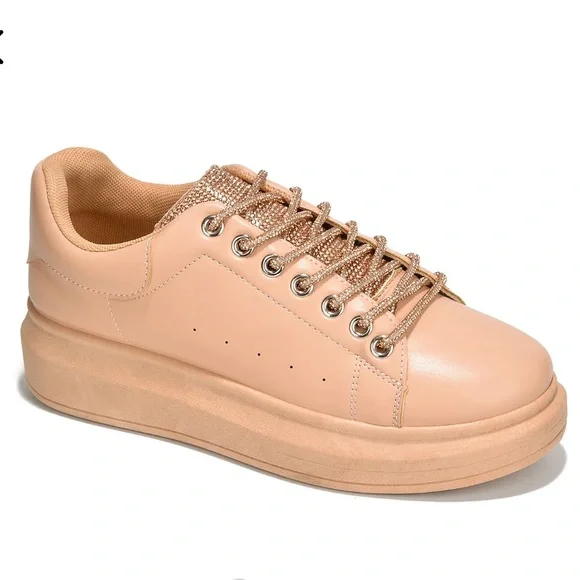 Sale Nude Rose Gold Rhinestone Shoe Lace Rope Sneakers - Picture 4 of 7